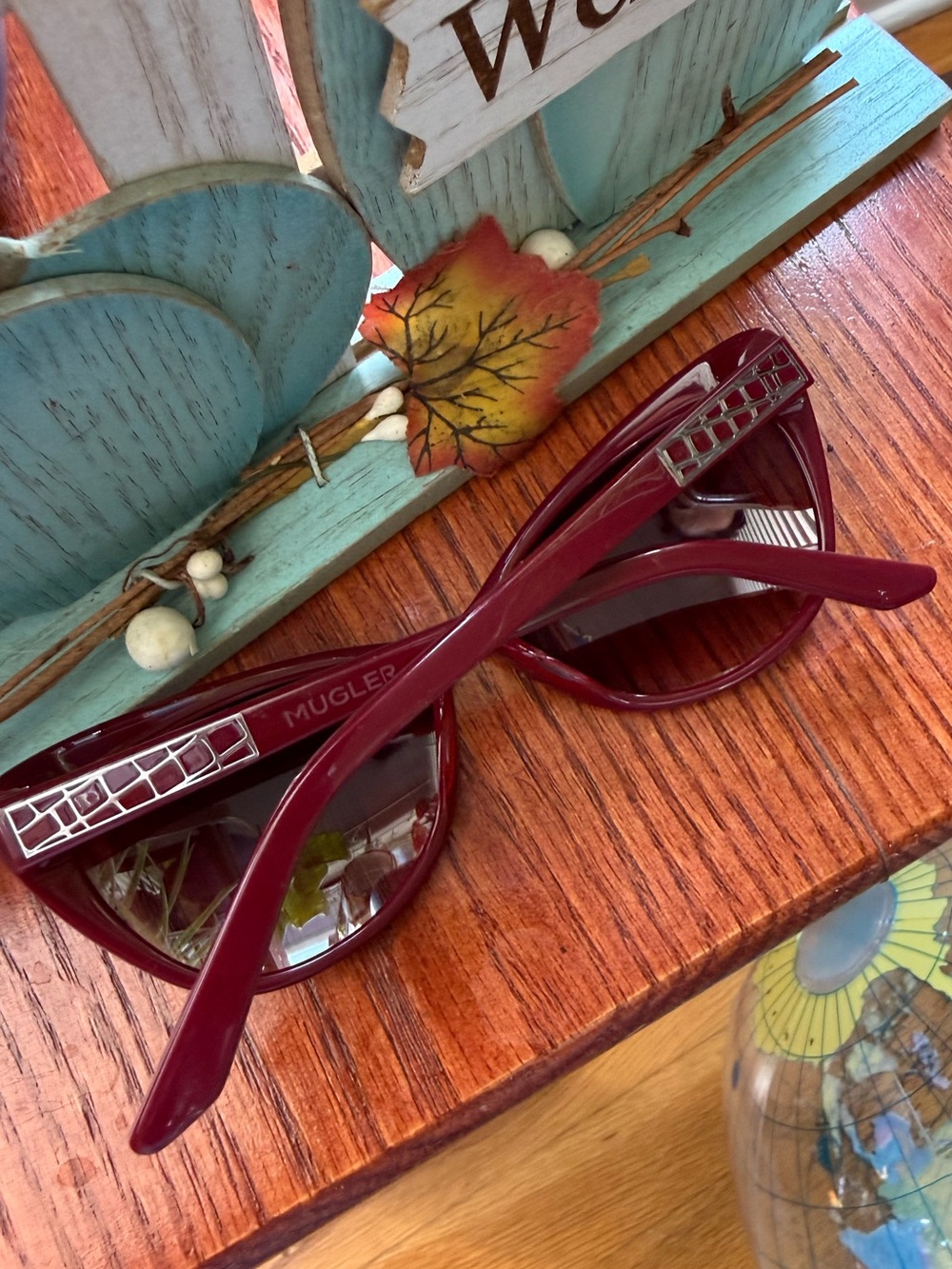 Mugler Burgundy Red Cat Eye Sunglasses Silver Logo Eyewear Retro